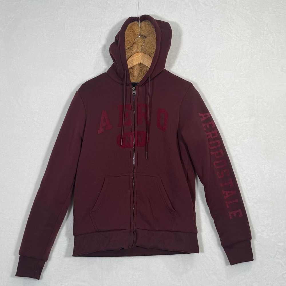 Aeropostale Maroon Burgundy Sherpa Lined Zip Hoodie Medium